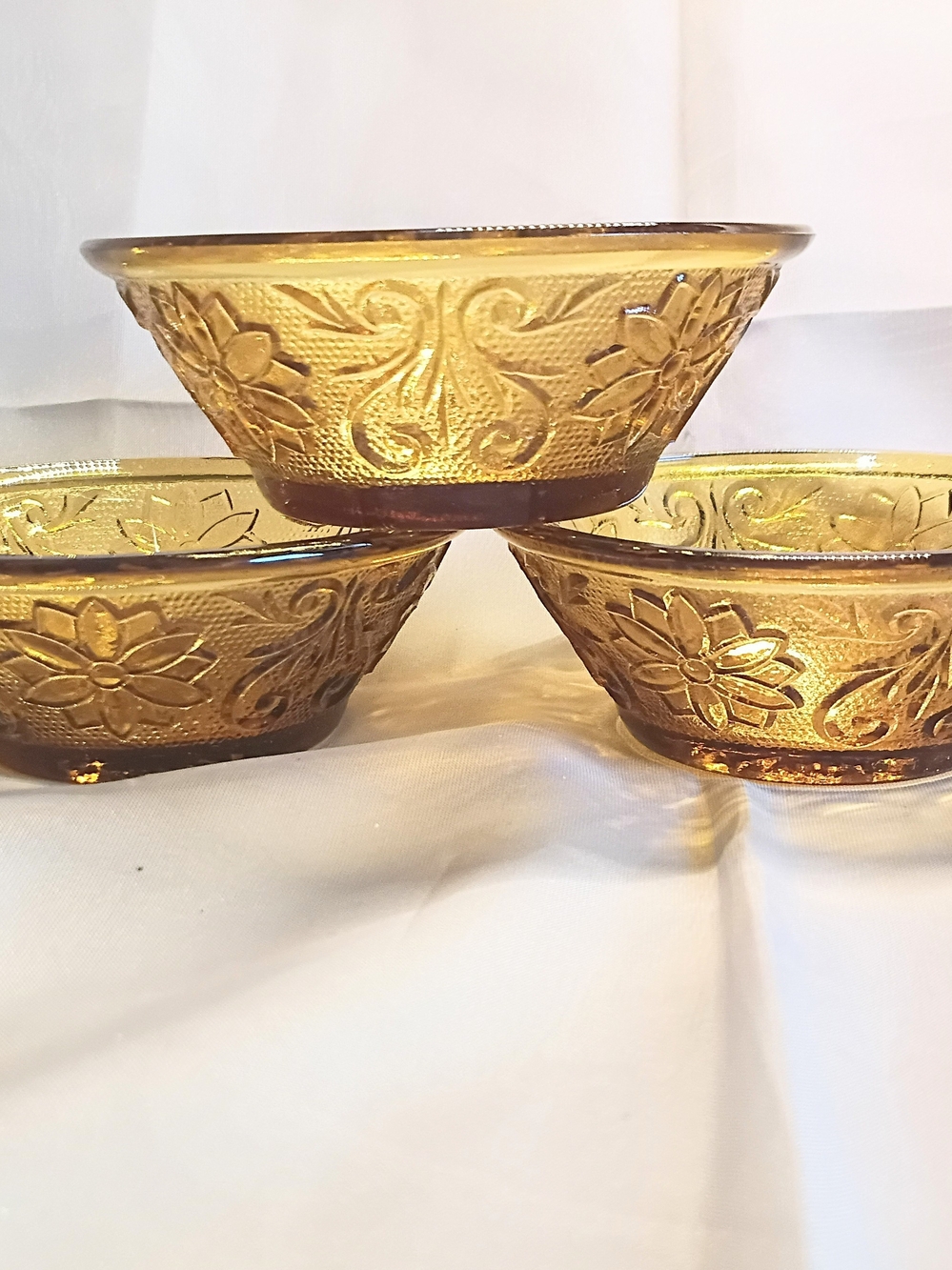 Vintage Amber Glass Floral Serving Bowls - Set of 3